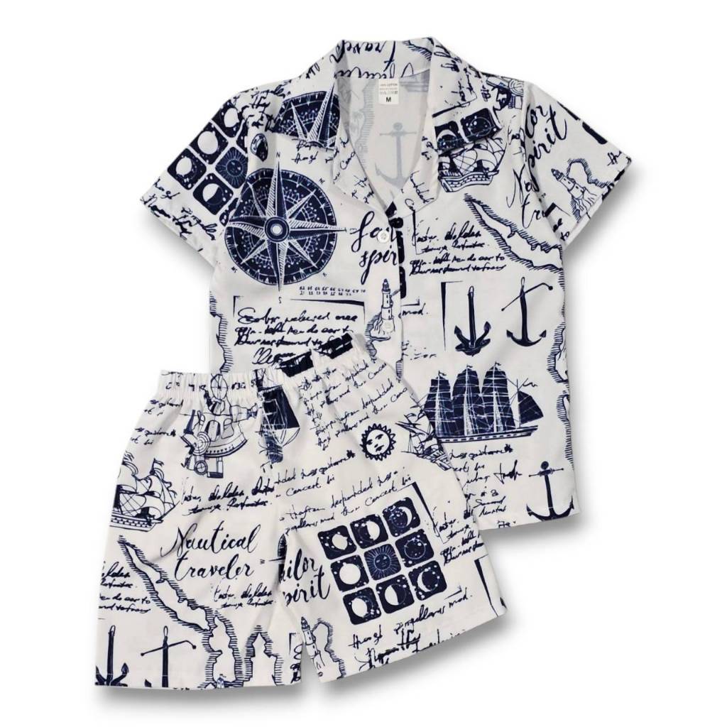 (H984) ชุดเด็ก เสื้อฮาวาย+กางเกงขาสั้น ผ้าไหมอิตาลีเกรดเอ ลายการ์ตูน ผจญภัยทางทะเล เสื้อผ้าเด็กแฟชั่น ชุดเที่ยวทะเล