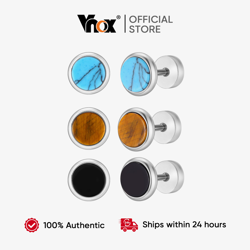 VNOX วีน็อกซ์ ต่างหูสตั๊ดทรงกลม สแตนเลสและหินธรรมชาติอาเกตเทอร์ควอยซ์ ขนาดเล็ก สำหรับผู้ชาย