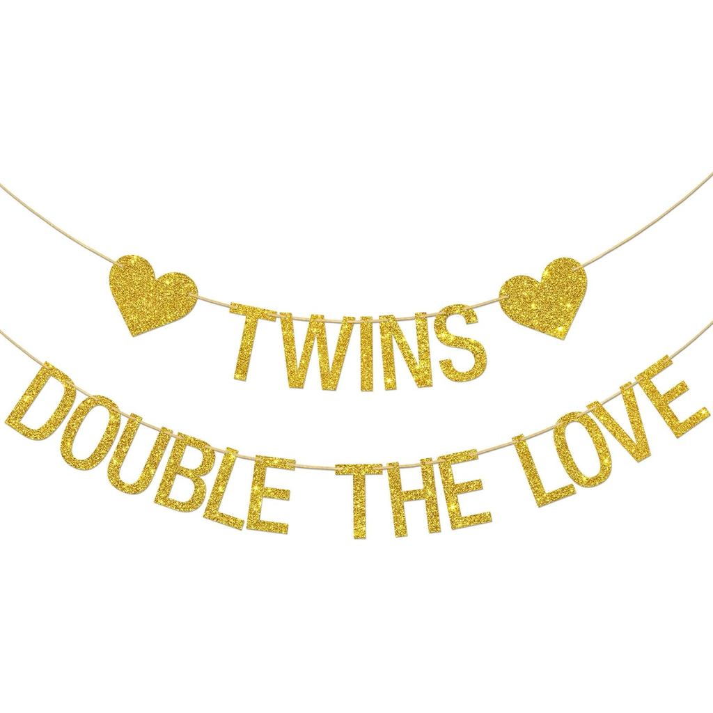 Twins Double The Love Banner, Twins Baby Shower/Twins Birthday/Engagement/Party Decoration (Glitter 