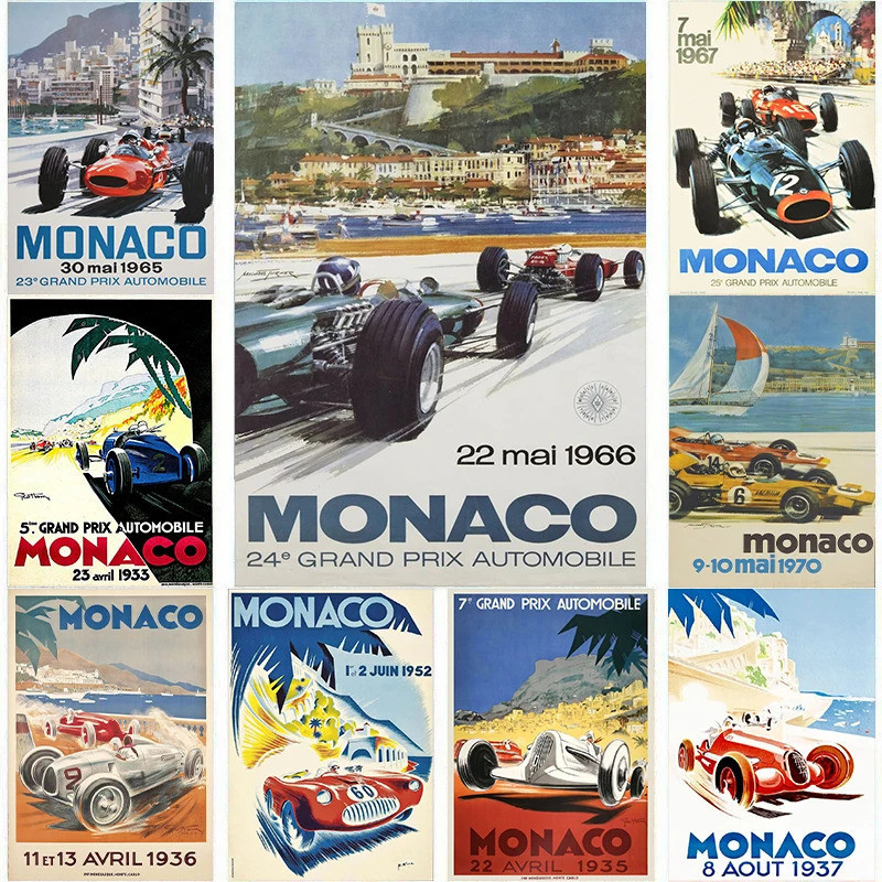 Nostalgic Car Racing Monaco F1 F1 Racing โปสเตอร์ผ้าใบแยก F1 สูตร Grand track พิมพ์ Racing wall art 