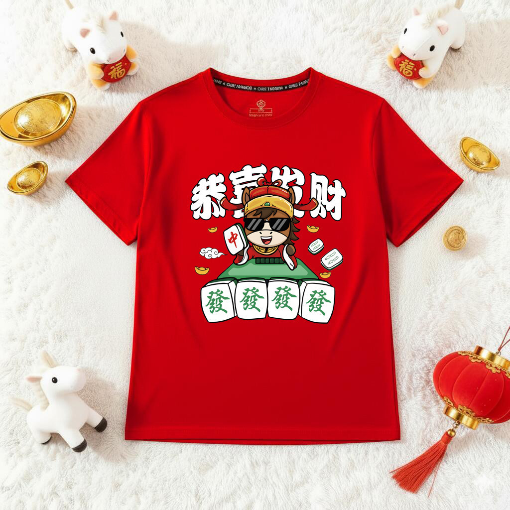2026 ปีม้าผ้าฝ้ายสีแดง Tshirt Bet Win Fortune พิมพ์แขนสั้น Baju Keluarga Pasangan Imlek Heng Ong Hua