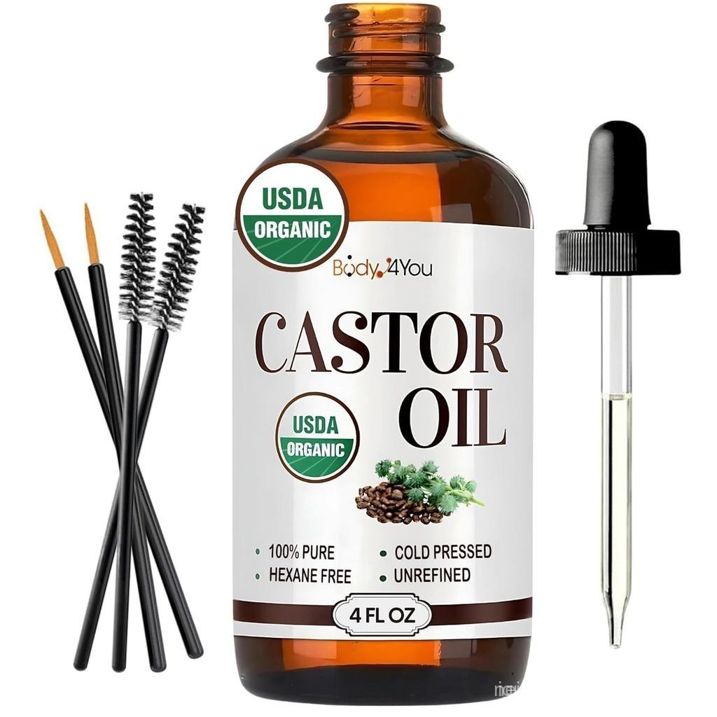 Organic Castor Oil (4oz) - 100% Pure Natural Cold-Pressed Hexane-Free USDA Certified - Glass Bottle 