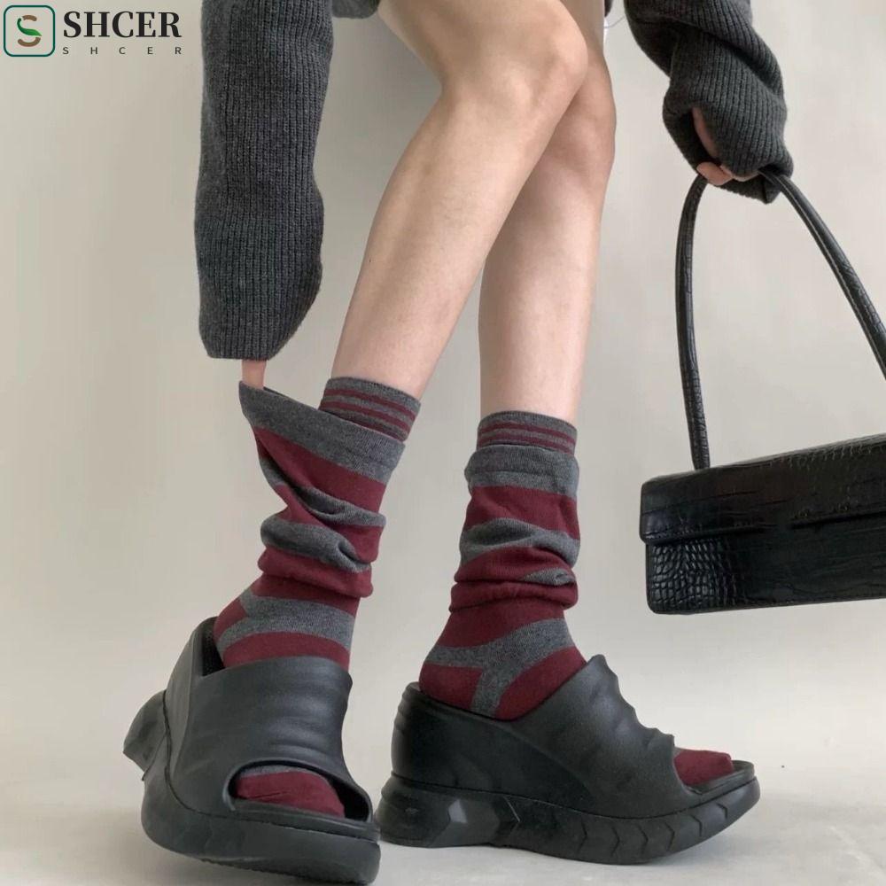 SHCER 4 คู่ Ruffle Stripe Stocking, ปลอมสองชิ้นหลวมลายถุงเท้ากอง, หนา Warm Patchwork สบายผู้หญิงขาอุ