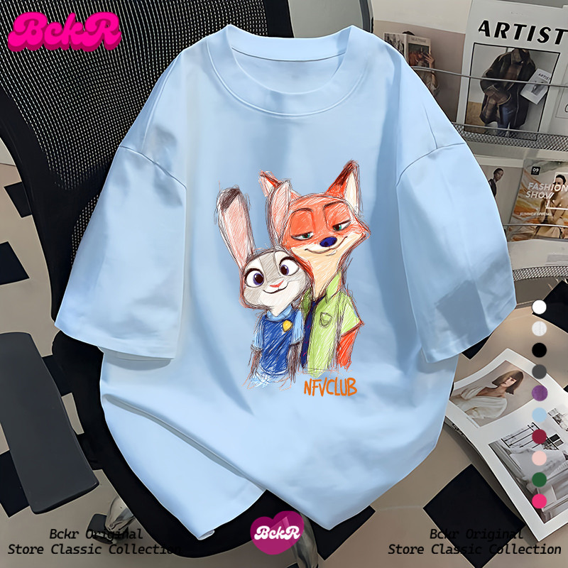 【จัดส่งตลอด 24 ชั่วโมง】🔥BCKR การ์ตูน กราฟฟิตีลาย เสื้อผญ เสื้🐰🦊สไตล์พรีพี oversize คอกลม เสื้อYG3886