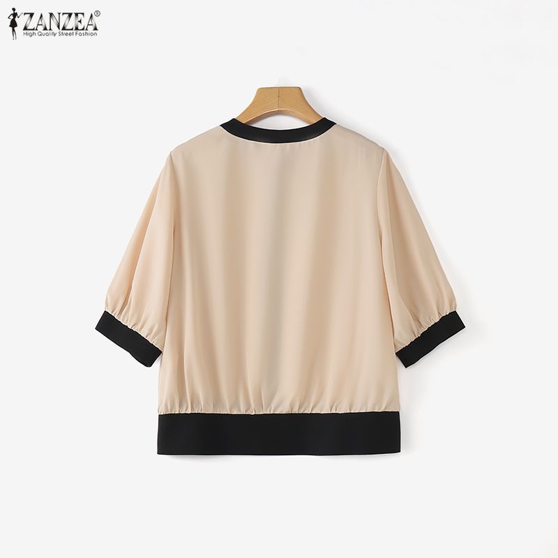 ZANZEA เสื้อลูกเรือสำหรับผู้หญิง สไตล์เกาหลีหรูหราและสวมใส่ง่าย ดีไซน์แขนยาว 3/4 กับการตัดเย็บที่เป็นคอนทราสต์ — صورة 8