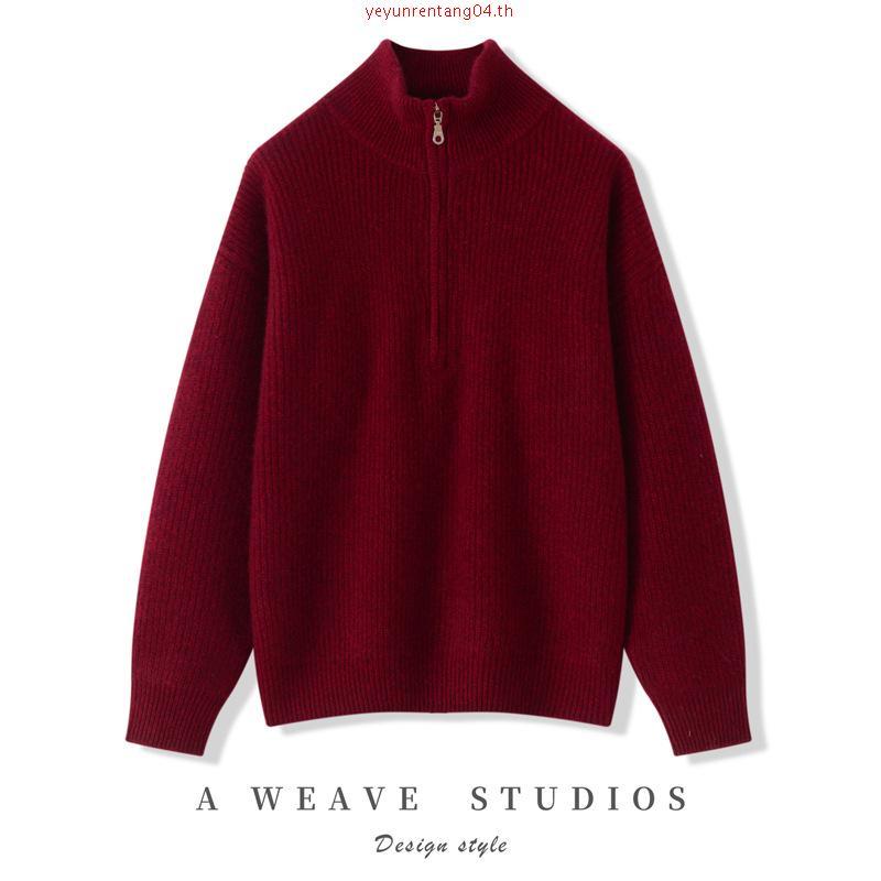 Bemingtop1024(Freesize)-BMG Half-Zip Ribbed Knit – เสื้อไหมพรมคอซิปทรงโอเวอร์ไซซ์ ถักลายเนื้อนุ่ม