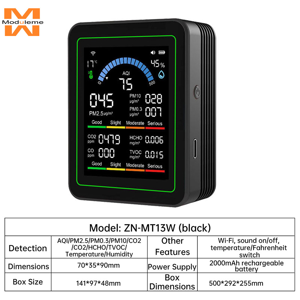 Tuya WiFi 10-in-1 คาร์บอนไดออกไซด์ Monitor PM0.3 PM1.0 PM2.5 PM10 เครื่องตรวจจับฟอร์มาลดีไฮด์อุณหภูมิความชื้น CO2 เครื่องตรวจจับคุณภาพอากาศ