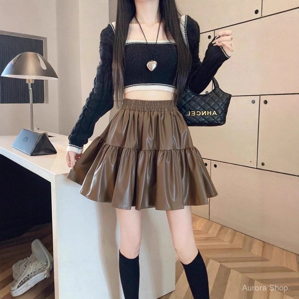 กระโปรงหนังพอง กระโปรงครึ่ง PU ขอบเอวสูง กระชับสัดส่วน รูปที่ 6
