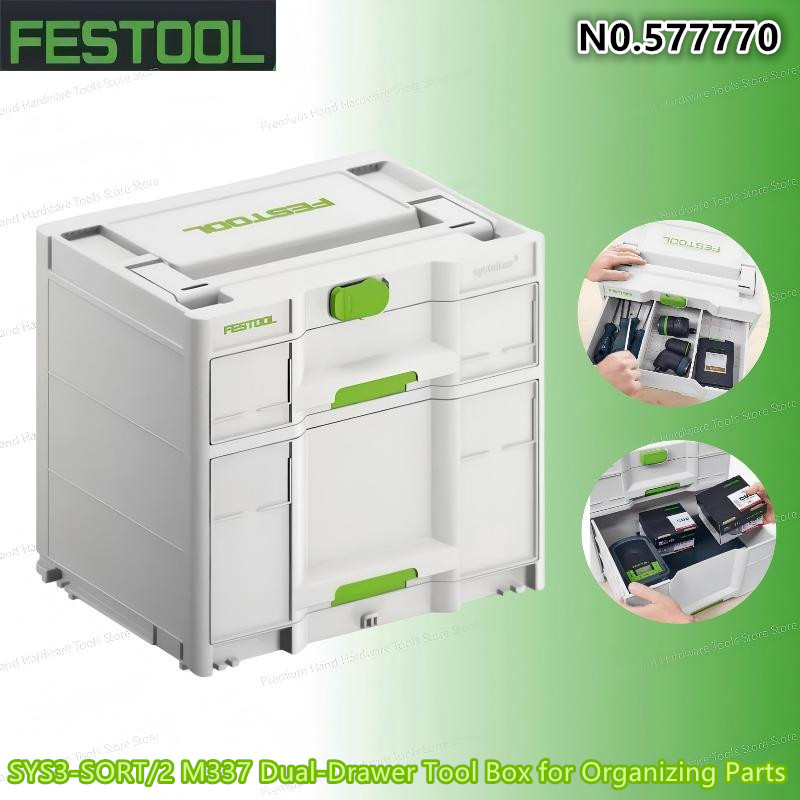 FESTOOL 577770 กล่องเครื่องมือลิ้นชักคู่รุ่นที่สามพร้อมที่เก็บชิ้นส่วน 50.8 x 29.6 x 33.7 ซม., SYS3-