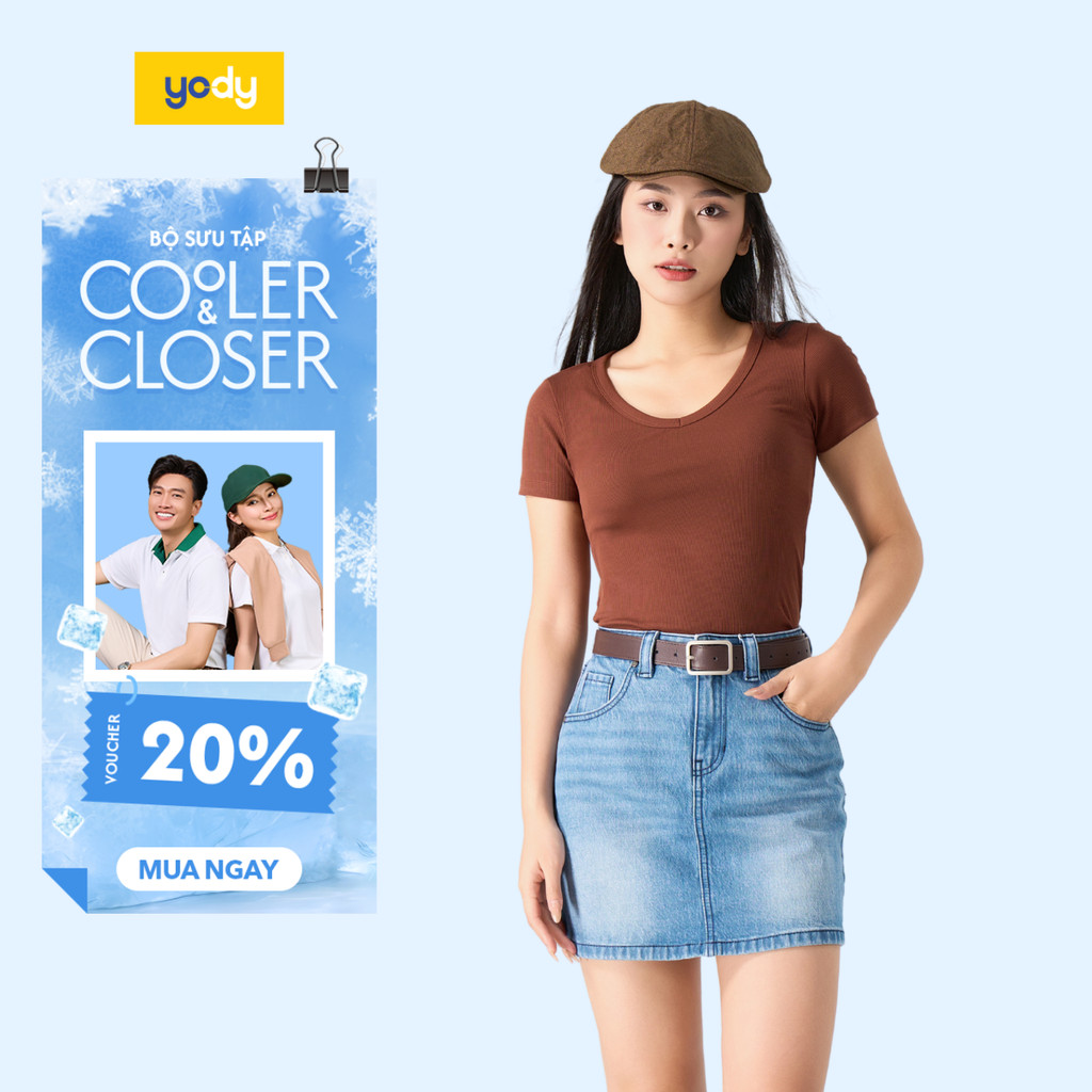 YODY เสื้อยืดผู้หญิงคอปกซี่โครงทรงสลิมฟิตขั้นพื้นฐานทําให้แบนยืดหยุ่นดี TSN7084