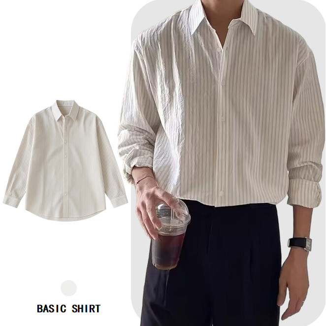 ผู้ชายฤดูใบไม้ผลิฤดูใบไม้ร่วง High-End Niche Puffian หล่อสบายๆแฟชั่นญี่ปุ่น All-Match เสื้อเชิ้ตลายทาง