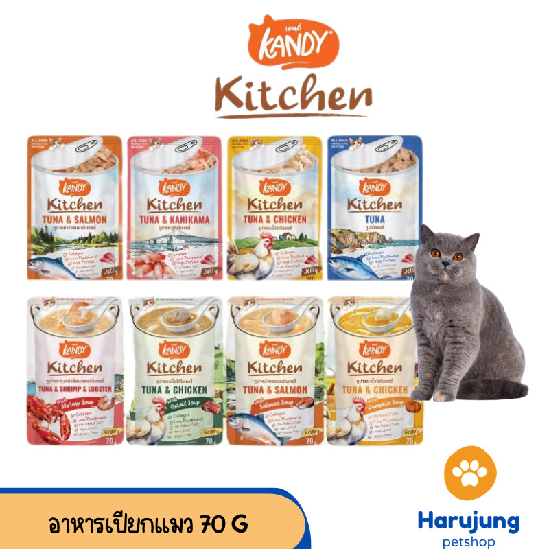 Kandy Kitchen แคนดี้ คิตเช่น อาหารเปียกแมว ไม่ใส่เกลือ ผลิตจากปลาเนื้อขาว สำหรับแมวอายุ 2เดือนขึ้นไป ขนาด 70 กรัม