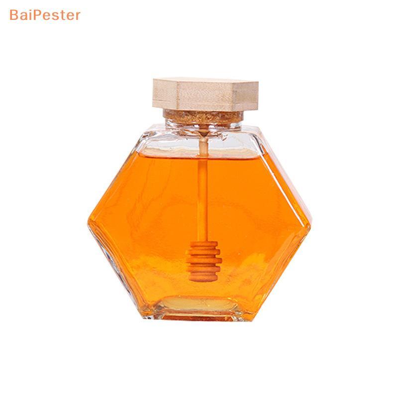[BaiPester] ขวดน้ําผึ้งแก้วหกเหลี่ยมพร้อมหม้อน้ําผึ้งไม้กวนก้านปิดผนึกขวดแยมใสห้องครัวที่เก็บของในบ้
