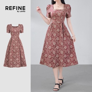 (Refine by Lovito)  เดรสผู้หญิงสีเทา-น้ําเงิน ลายแจ็คการ์ด ส…