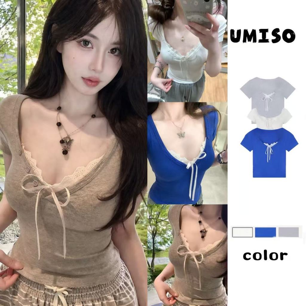 ส่งไวจากไทย เสื้อยืดผู้หญิง คอวีลูกไม้ แขนสั้น สไตล์ไอดอลเกาหลี หวานน่ารัก UMISO
