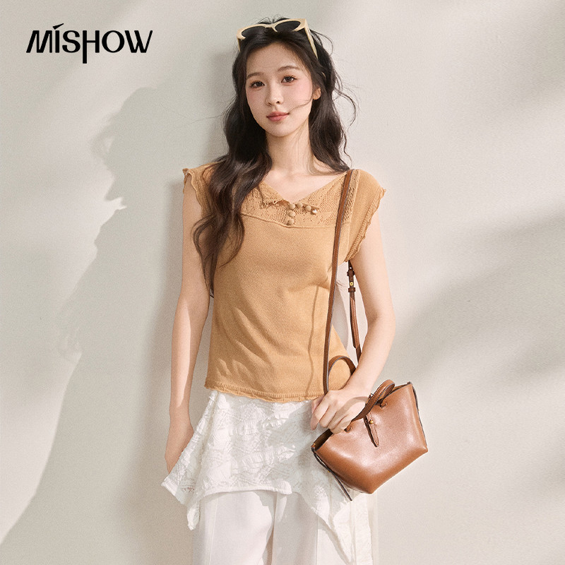 MISHOW ผ้าลินินแขนถัก สไตล์ลำลองฤดูร้อน ออกแบบดีไซน์ด้านบนมีฮุคและดอกไม้