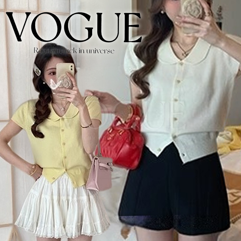 Vogue🌟พร้อมส่ง🌟 เสื้อไหมพรมคอปก แขนสั้นติดกระดุม ดีเทลเอวจั๊ม ผ้ายืดตามตัว  (47429)