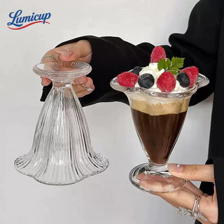 ถ้วยแก้วไอศกรีมทรงดอกไม้ มีฐาน แก้วของหวาน/ซันเดย์/กาแฟ ดีไซน์หรู สไตล์คาเฟ่