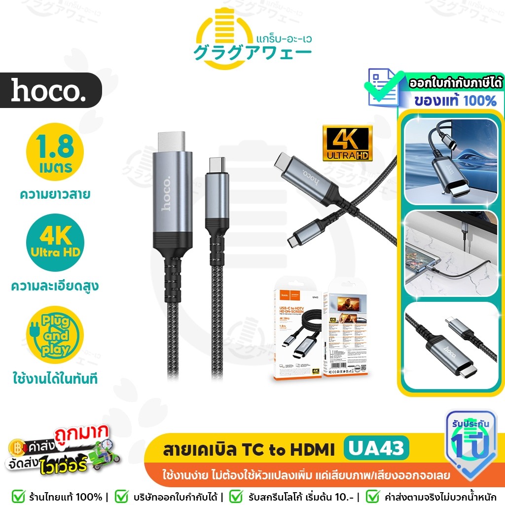 HOCO UA43 สายเคเบิล TYPE-C to HDMI 4K 30Hz ยาว 1.8m รองรับ Screen Mirroring ต่อภาพและเสียงออกจอ hc5