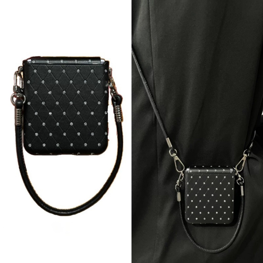 หรูหราคลาสสิก Rhinestone เพชรตารางสีดํากรณีสายหนัง Crossbody สําหรับ Samsung Galaxy Z Flip 7Z Flip6 ZFlip 5 ฝาครอบ