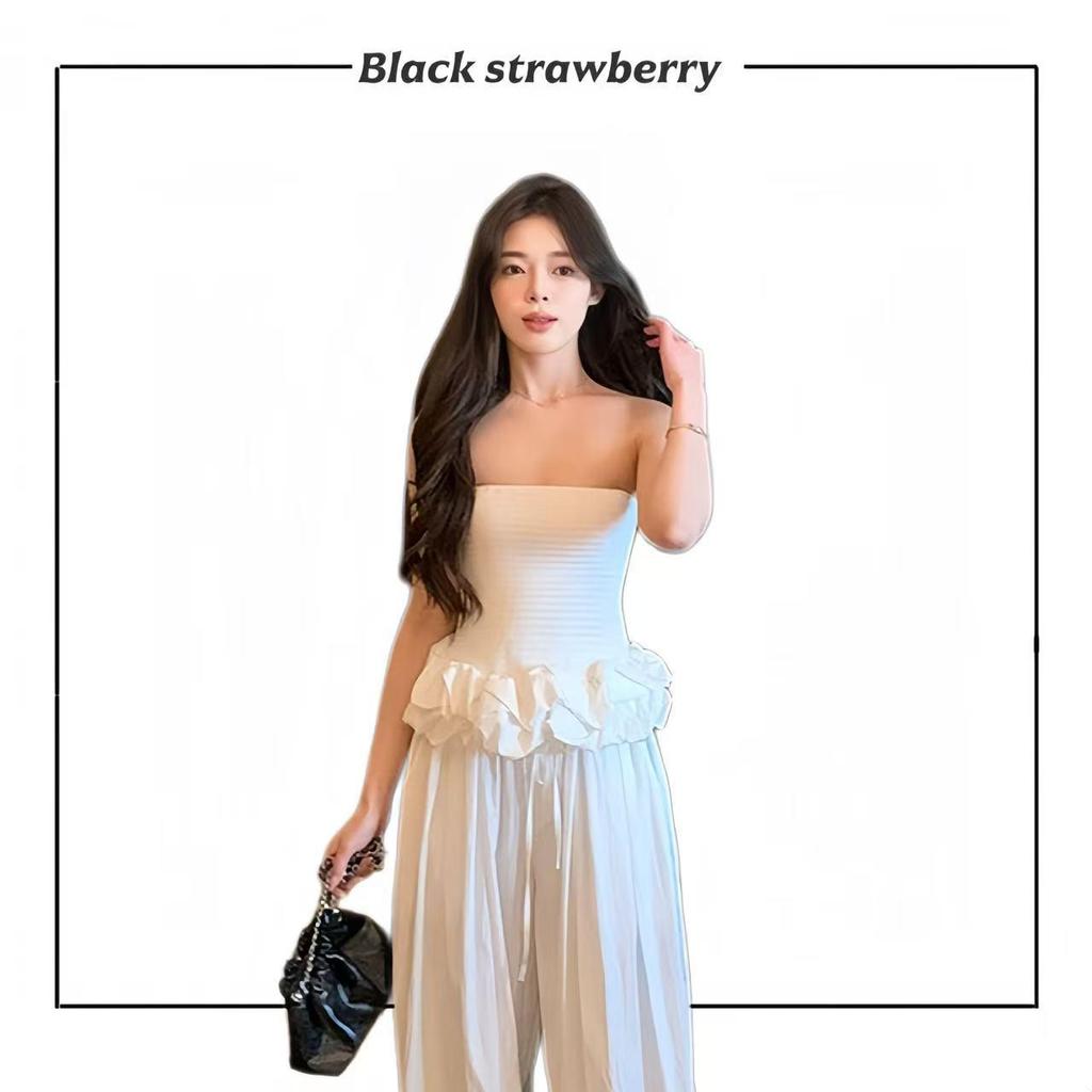 【B/S】เสื้อเกาะอกเปิดไหล่ สไตล์รีสอร์ทแต่งขอบเมฆฤดูร้อน ดีไซน์เฉพาะตัว