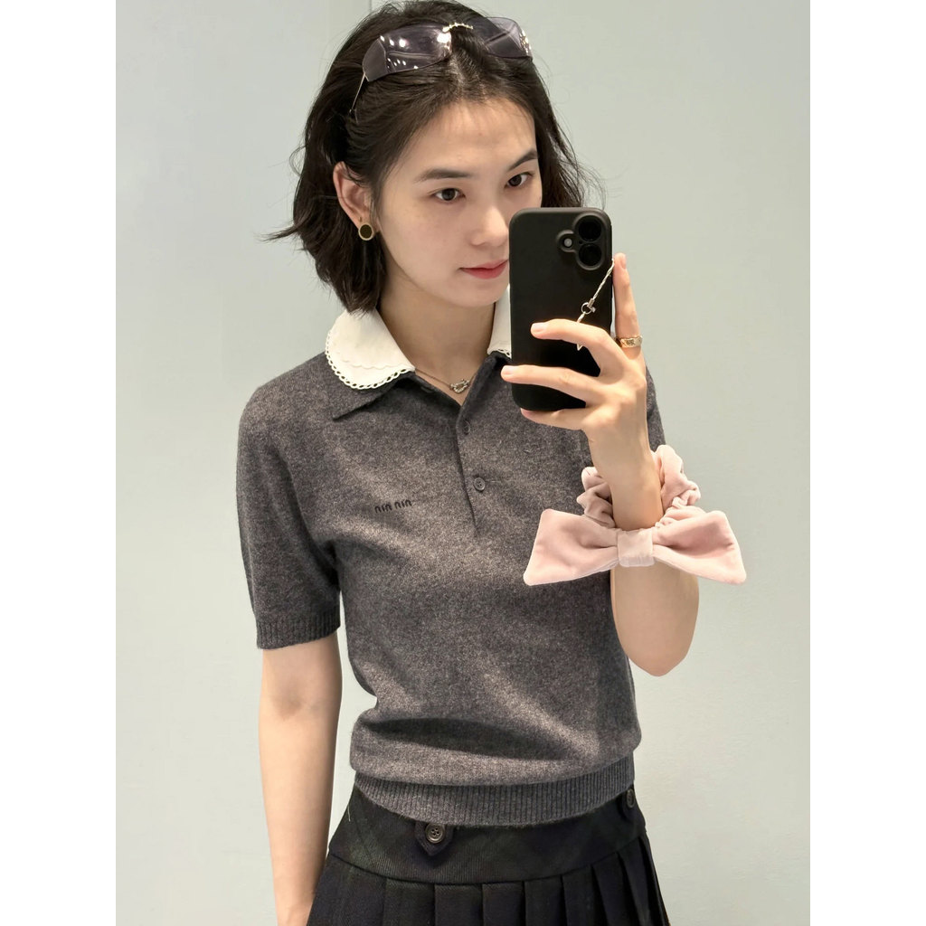 Q8TV M1U MM Letter Embroidered Doll Collar Wool Knit Sweater Women's Short Sleeve Top2026
