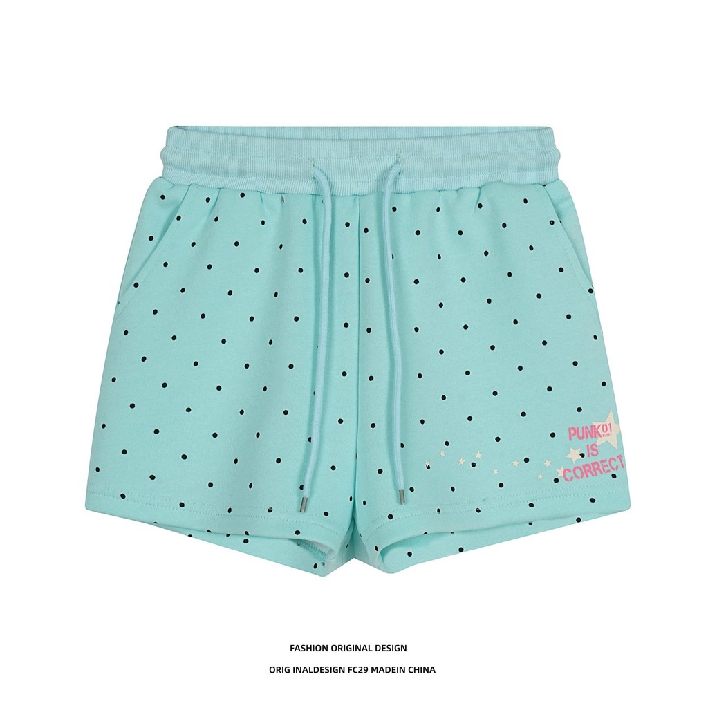 American Street Wear Polka Dot Print Drawstring กางเกงสามจุดผู้หญิง 2026 สไตล์ใหม่ฤดูร้อนสาวร้อน Dopamine กางเกงขาสั้นตรง