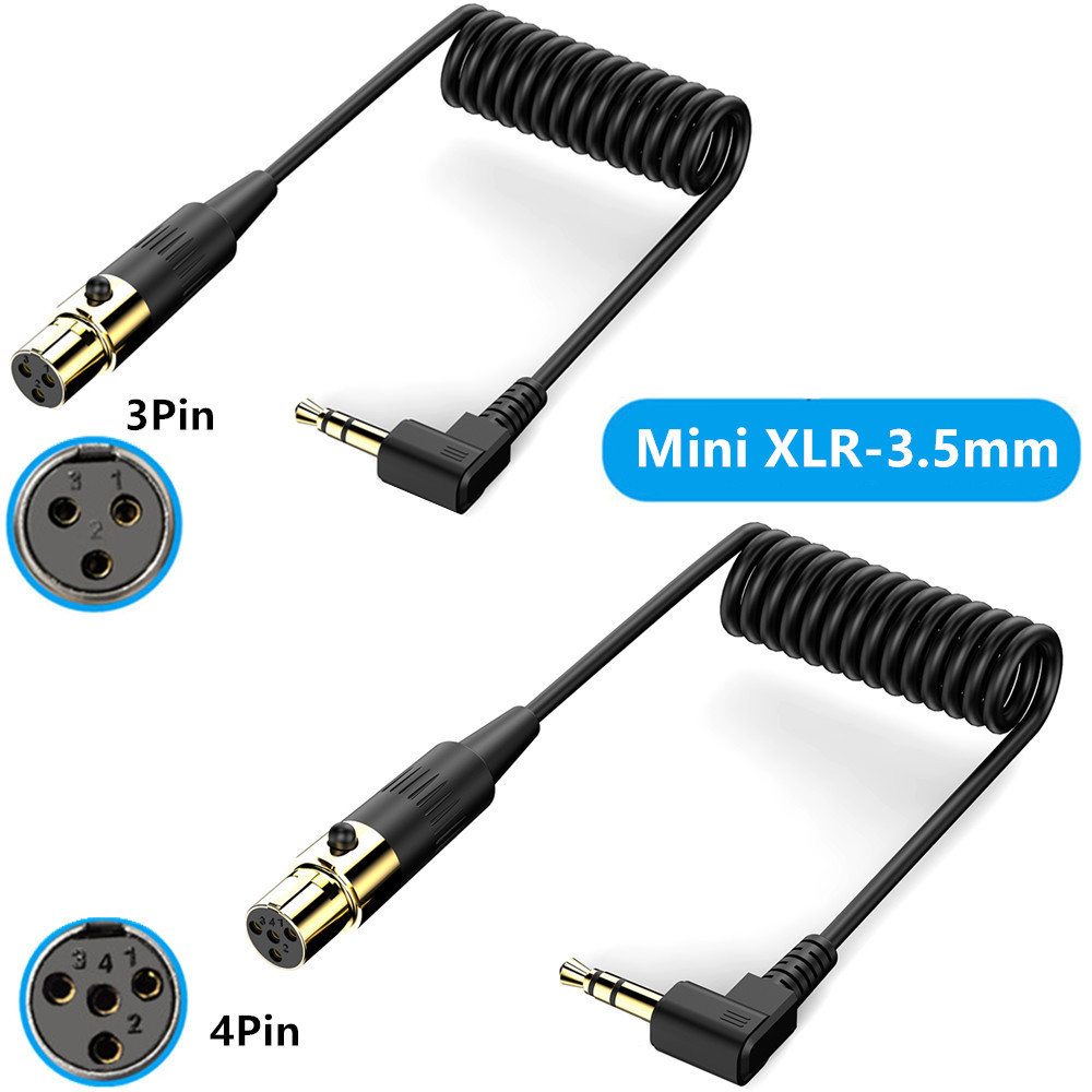 Coiled Spring 3Pin/4Pin Mini XLR Female to 3.5mm TRS Audio Cable พร้อมปลั๊ก 90 องศา 3.5 มม.สําหรับแล็ปท็อปยืดหยุ่นและการเชื่อมต่อเกียร์เสียง