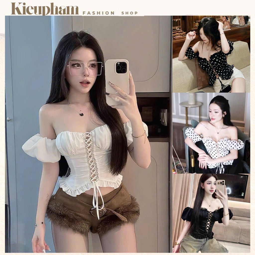 เสื้อลูกไม้สตรีสไตล์ชายหาดลูกไม้เซ็กซี่ปิดไหล่ลายจุด, เสื้อครอป Babydoll สุดฮอตเทรนด์สลิม
