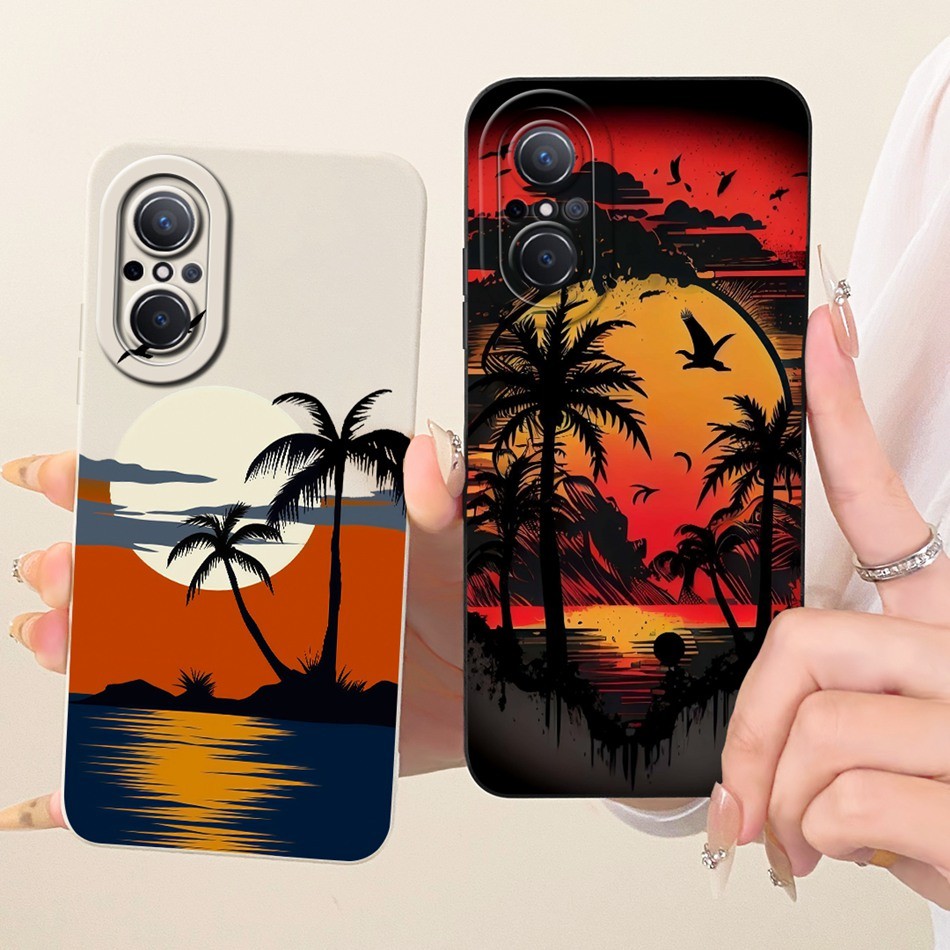สําหรับ Huawei Nova 9 SE เลนส์ป้องกันกรณี Nova 9 SE JLN-LX1 JLN-LX3 แฟชั่น Dusk Beach ภาพวาดซิลิโคนน