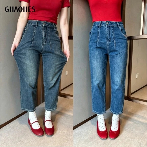 GHAOHES กางเกงยีนส์เอวสูงยืดหยุ่น 2 สี สวยมาก สวมใส่สบาย สไตล์วินเทจ#V137