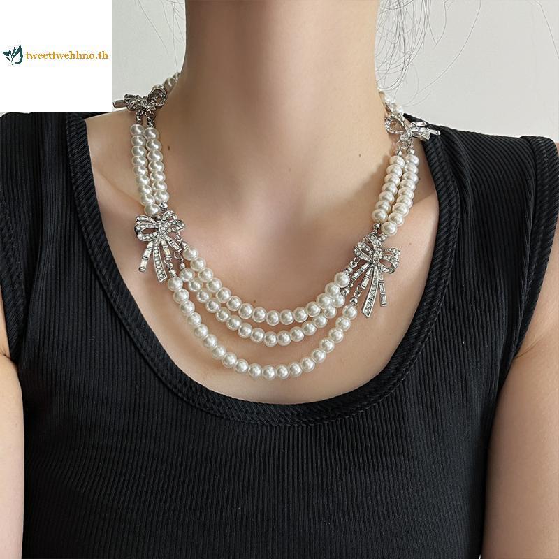 สร้อยคอมุกและต่างหูผีเสื้อสไตล์ฝรั่งเศสรีโทร กับสร้อยคอมuti-layer chain สวยงามหรูหรา