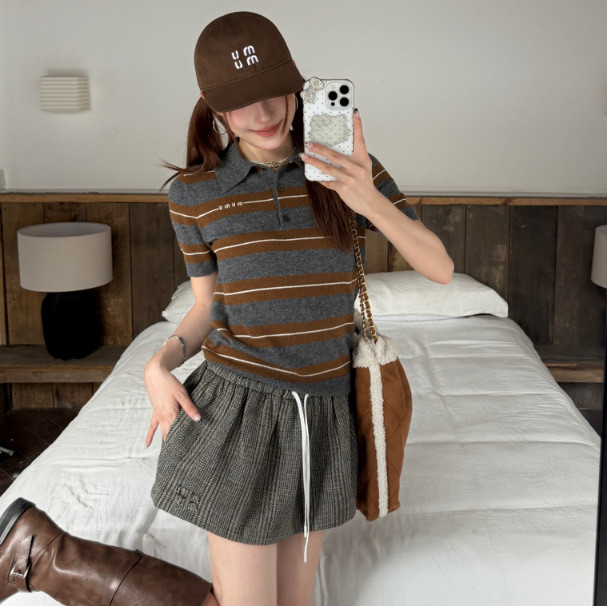 L9BA MIU * MM 25 ฤดูใบไม้ร่วง Preppy สไตล์เย็บปักถักร้อยลายสก๊อตเอวยางยืด A-Line กระโปรงปุย