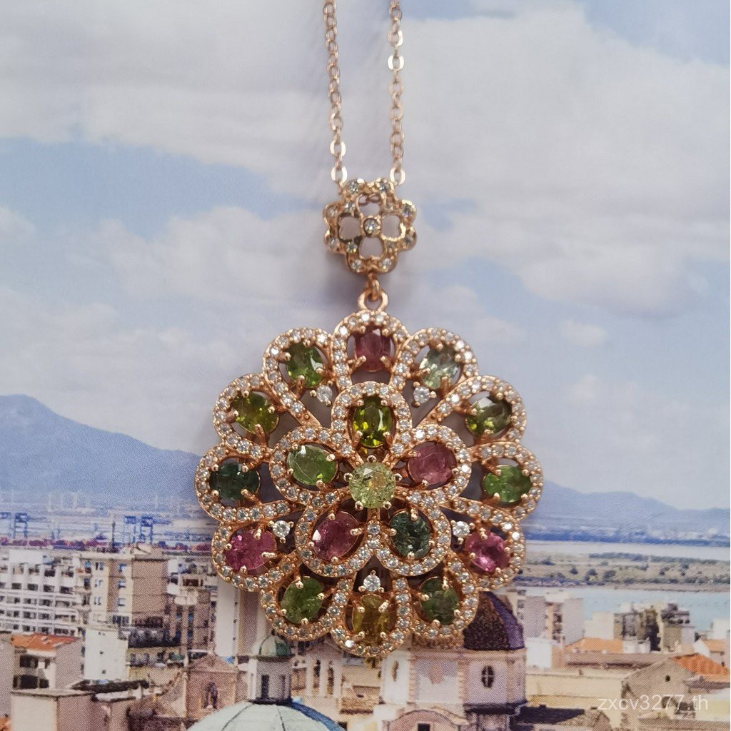 สร้อยคอพีンดánt โรสโกลด์ พลอยทัวมาลีนและคริสตัลสุ่มบนเงินสเตอร์ลิง S925 DWR8