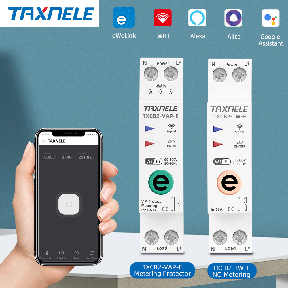 Taxnele Ewelink 1P+N 63A 110V 220V WIFI สมาร์ทสวิตช์ Energy Meter Circuit Breaker รีเลย์แรงดันไฟฟ้า Current Protection