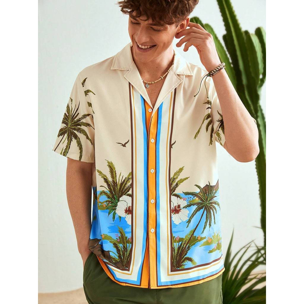 เสื้อยืดแขนสั้นผู้ชาย พิมพ์ลายต้นมะพร้าว สไตล์แจ็คเก็ต การ์ด เหมาะสำหรับชายหาดและวันหยุด