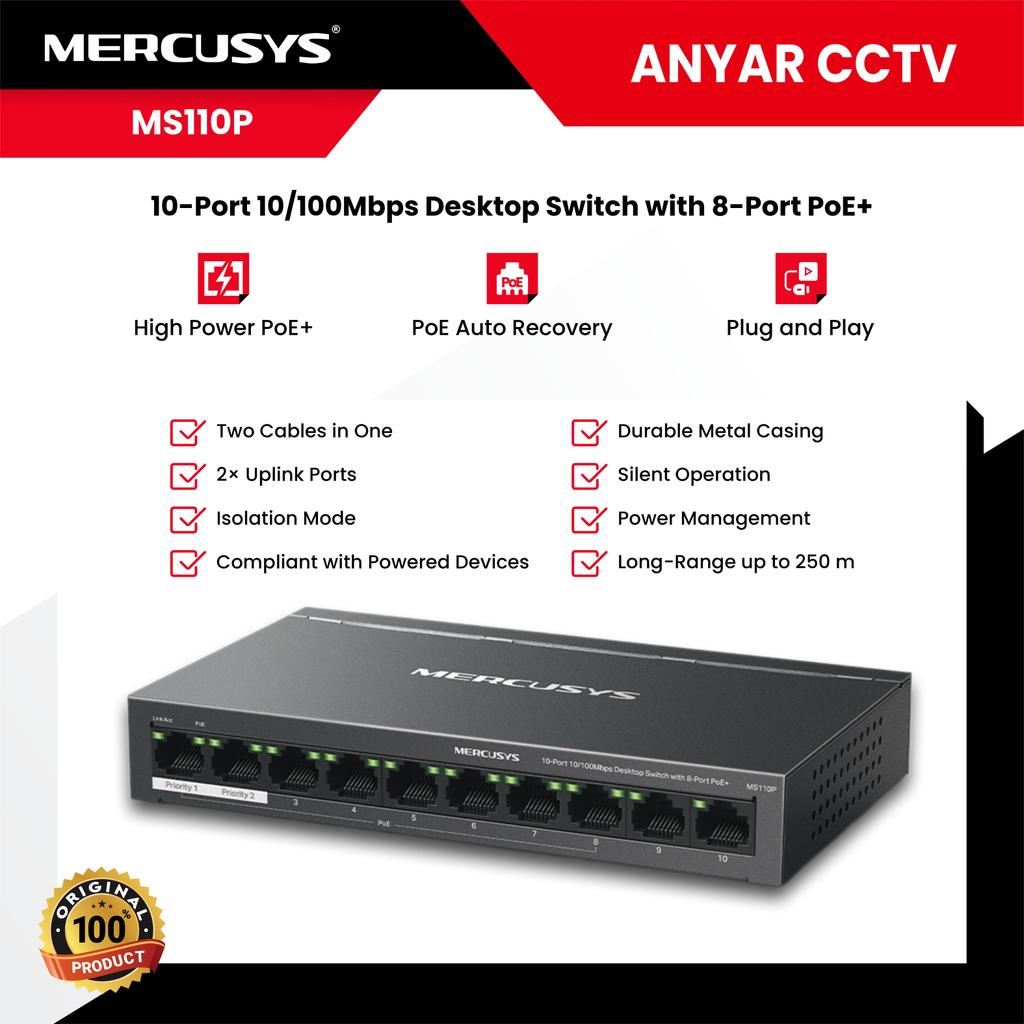 MERCUSYS MS110P 10-Port 10/100Mbps Desktop Switch พร้อม PoE 8-Port+
