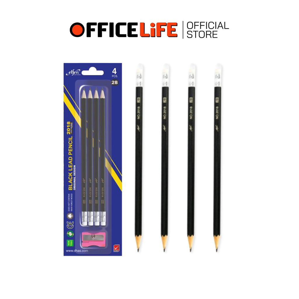 Elfen (เอลเฟน) ดินสอ ดินสอไม้ ดินสอดำ รุ่น 2018 ความเข้ม 2B ( 4 ด้าม / แพ็ค )