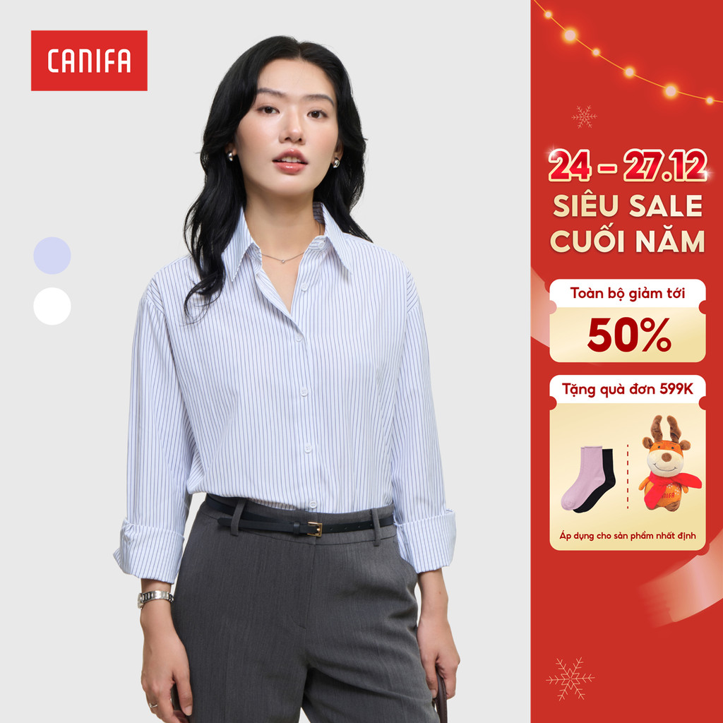 CANIFA เสื้อเชิ้ตแขนยาวผู้หญิงคอปกเยอรมันทรงหลวม 6TH25W007