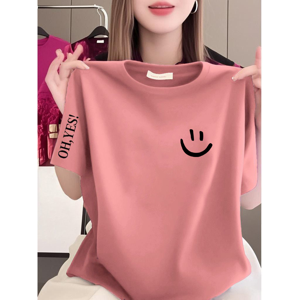 เสื้อลoose oversize ผ้าฝ้ายแขนสั้น แฟชันพิมพ์สำหรับผู้หญิง ขนาดกลาง ซัมเมอร์