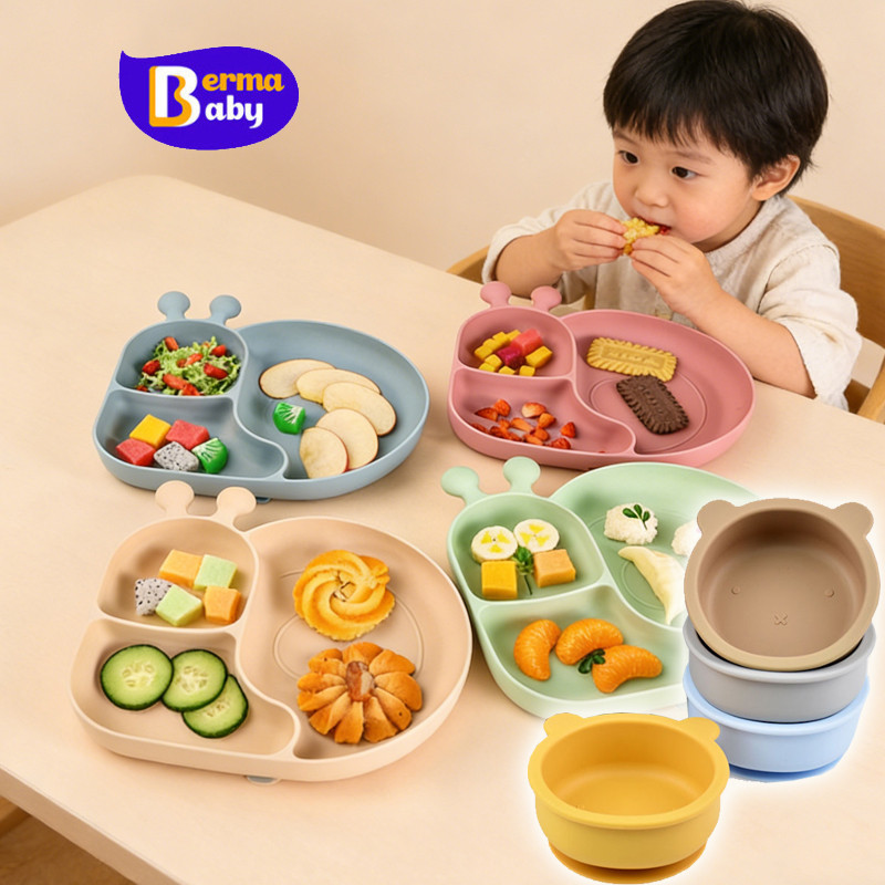 Berma Baby จานซิลิโคนเด็ก ฐานดูดที่แข็งแกร่ง นุ่มและป้องกันการตกหล่น ทนต่ออุณหภูมิสูง