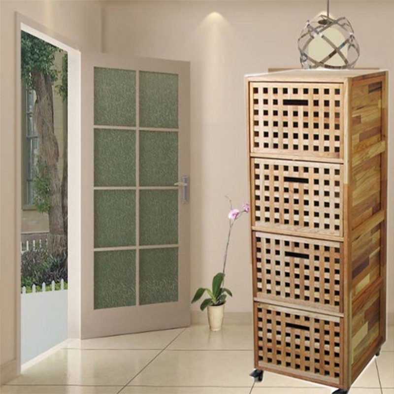 Nordic style catalpa solid wood grid drawer cabinet three-drawer four-drawer cabinet with wheels loc