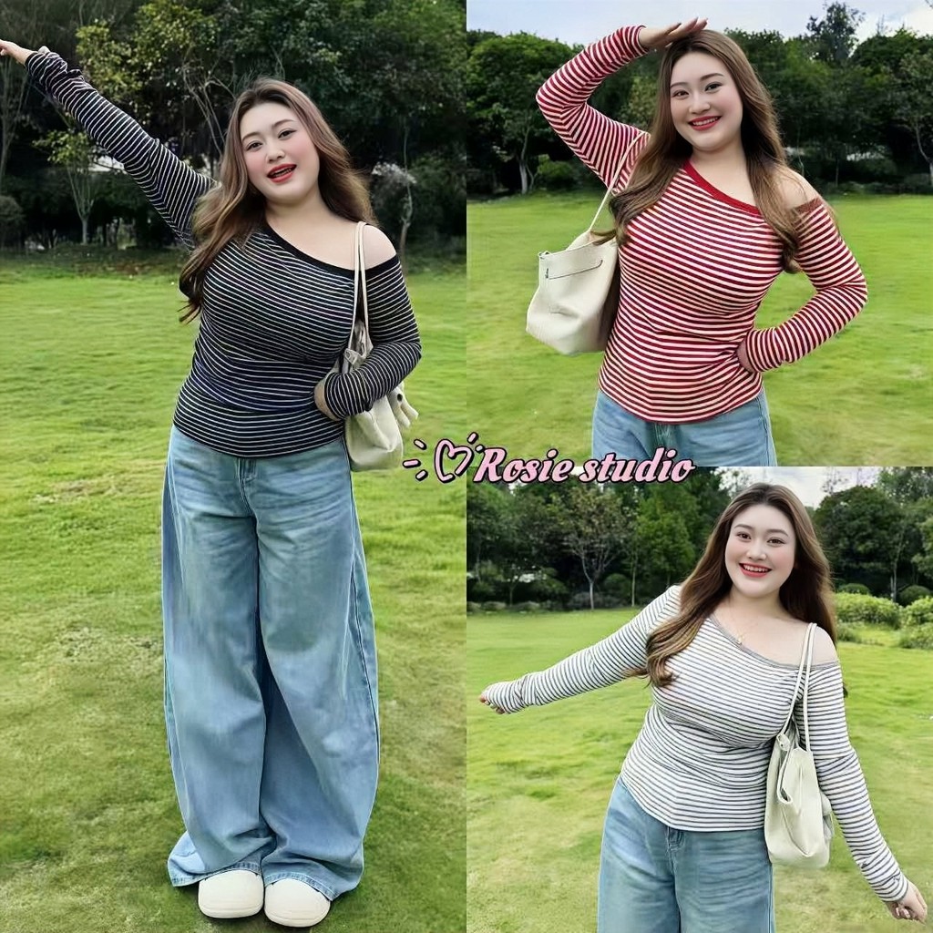 ROSIE🌷พร้อมส่ง🍰สวาอ้วนเสื้อยืดแขนยาวปาดไหล่ลายทางสีตัดกัน ครอปรัดรูป ผ้าดี สไตล์เกาหลีสุดฮอตแต่งตัวง่ายสำหรับผู้หญิง