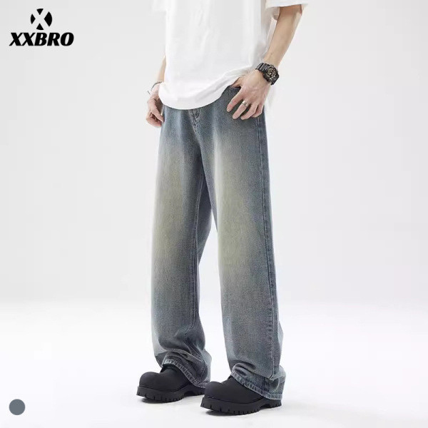 seluar jeans lelaki jeans men baggy jeans X xxbro Men's Clothing#美式复古水洗冰蓝色牛仔裤男做旧直筒显瘦潮牌宽松裤子
