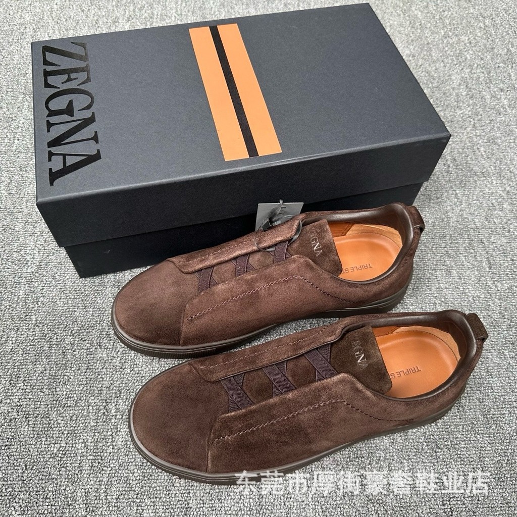 ZEGNA รองเท้าผ้าใบส้นแบนหนังแท้หนังกลับสําหรับผู้ชายสไตล์ใหม่