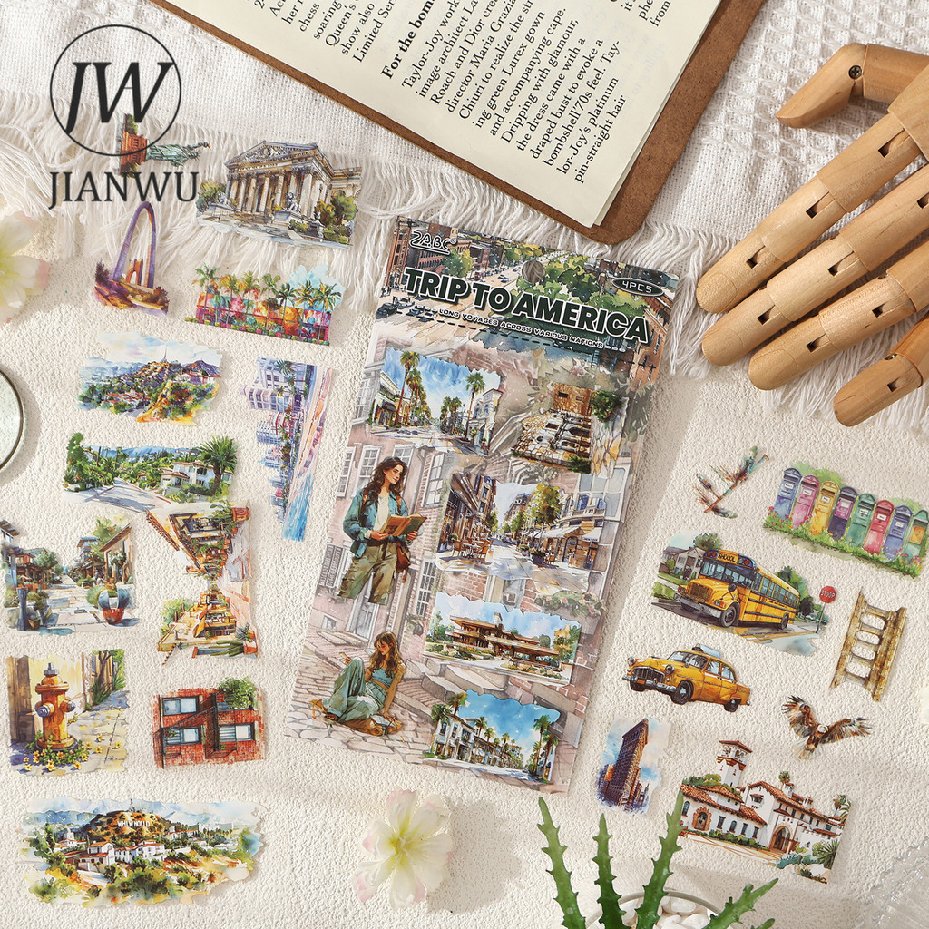 JIANWU Voyage of Nations Series Vintage Travel Character Landscape Material Collage PET Sticker Creative Journal Stationery