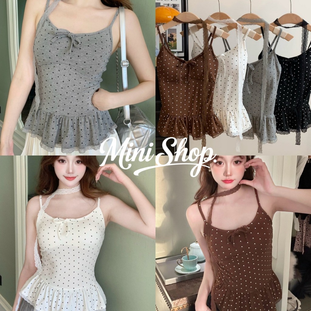 Mini shop พร้อมส่ง (FY5554)เสื้อสายเดี่ยว เสริมฟองน้ำ ดีเทลลายจุดสไตล์เกาหลี เสื้อแฟชั่น สไตล์เกาหลี