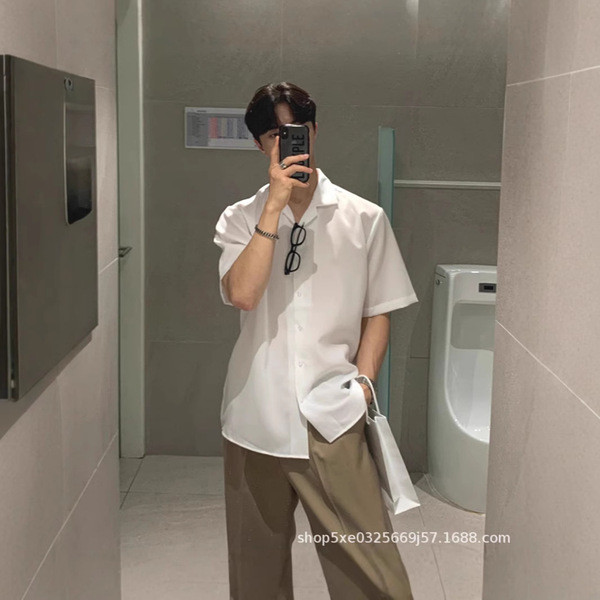 gq official store เสื้อเชิ้ตผู้ชาย แขนยาว เสื้อคอปกผู้ชายสไตล์อเมริกันคิวบาทรงค์ผ้าไหมน้ำแข็ง สำหรับ