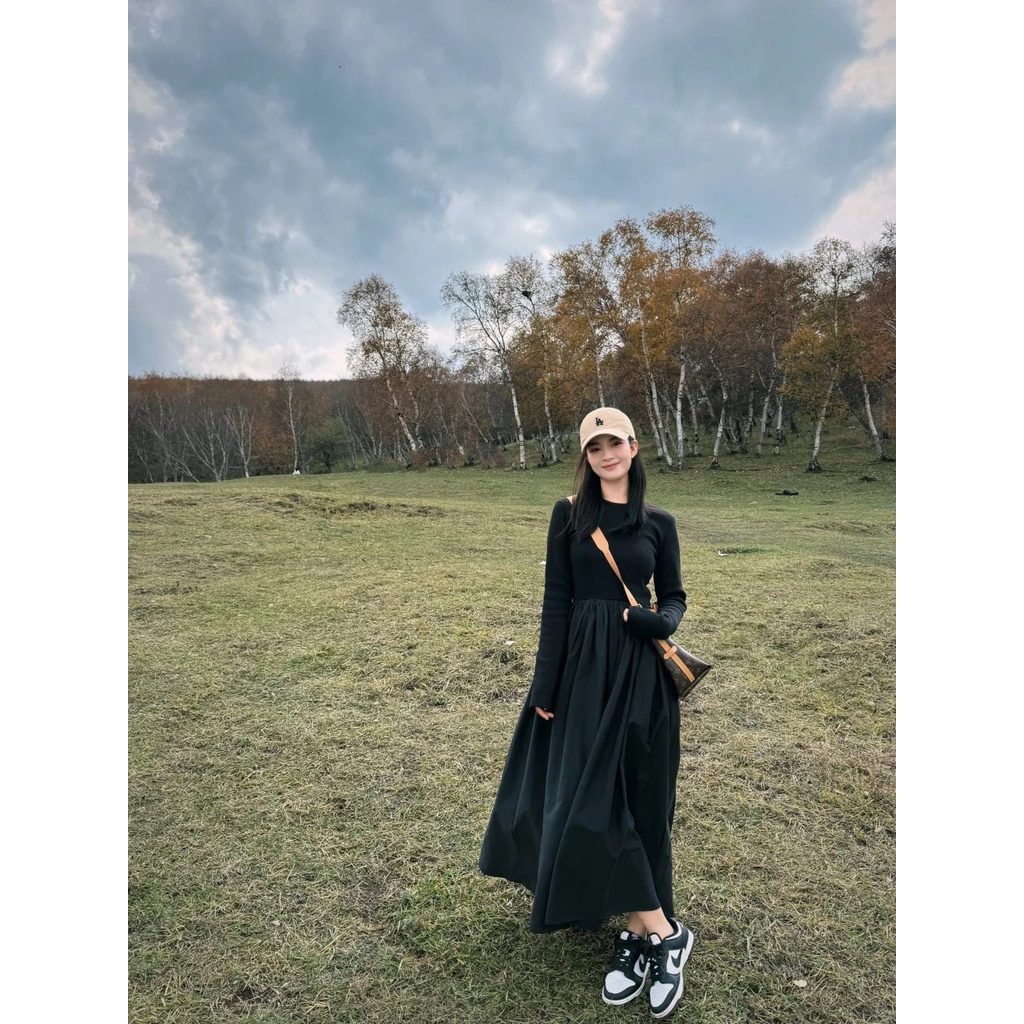 Ralphs House 2025 ต้นฤดูใบไม้ร่วง ชุดยาวแขนยาว สไตล์เรโทรเฮปเบิร์น เอวแคบ slim-fit