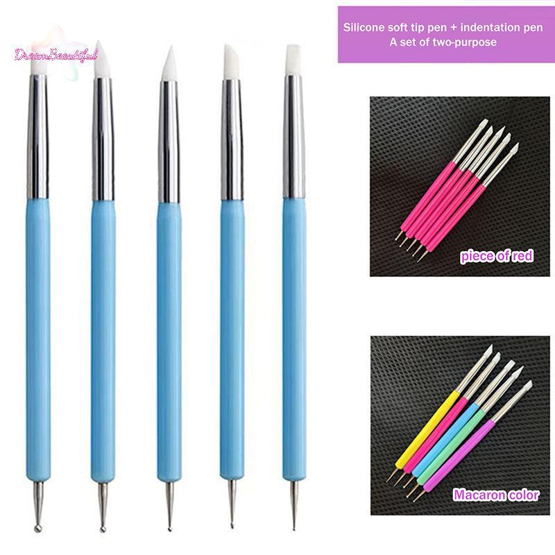 <DBFl-t> 5 ชิ้น 2 ทางเล็บอะคริลิคซิลิโคนจุดดอกไม้เล็บปากกาสแตนเลส Dotting เครื่องมือ Marbleizing จิตรกรรมปากกาใหม่